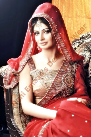 Cute Pakistani Model in Red biege sari by Rani Emman
