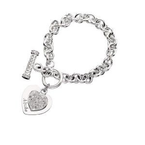 Personalized Double Heart Tag and CZ Silver Bracelet