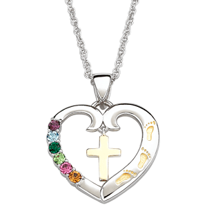 Two Tone Birthstone Heart and Cross Footprint Necklace