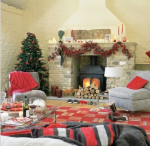 living room fireplace decoration for christnas red color scheme