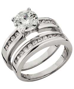 Platinum Plated Silver 2 Carat Look Cubic Zirconia Ring Set